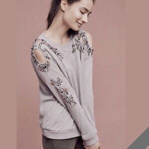 ANTHROPOLOGIE XL DELETTA MIDNIGHT EMBELLISHED BEADED CUTOUT COLD SHOULDER TOP